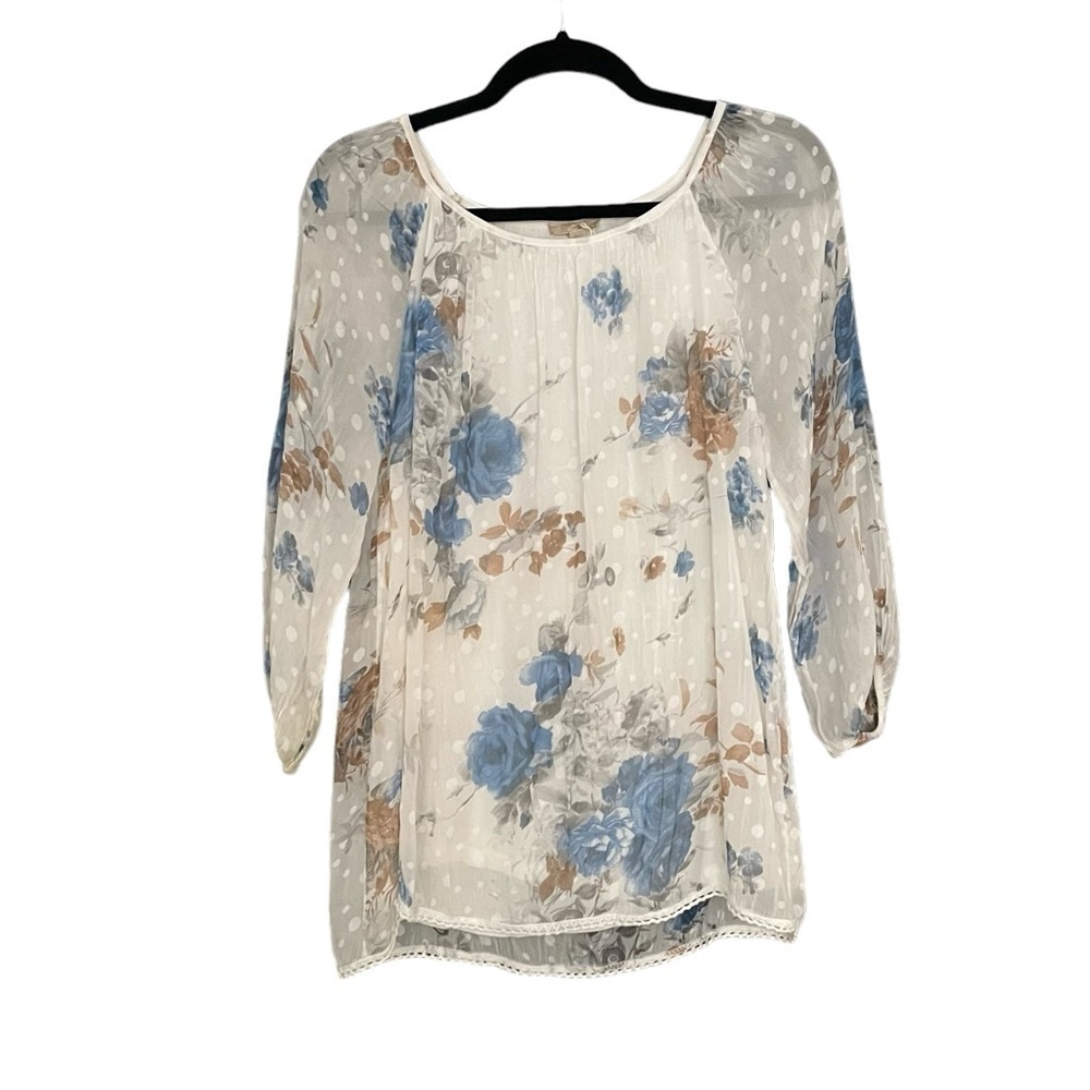 GIUSY Italy Silk Floral Print Blouse Ivory Blue S
